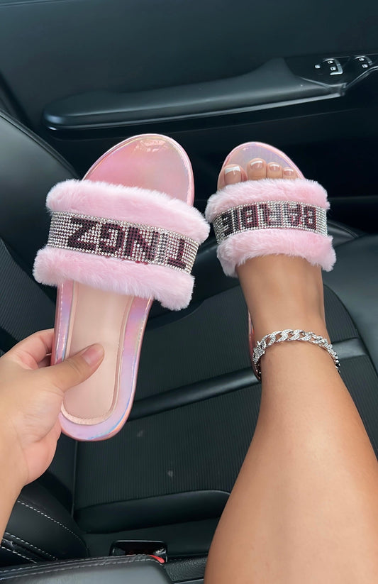 bedazzled fur flats