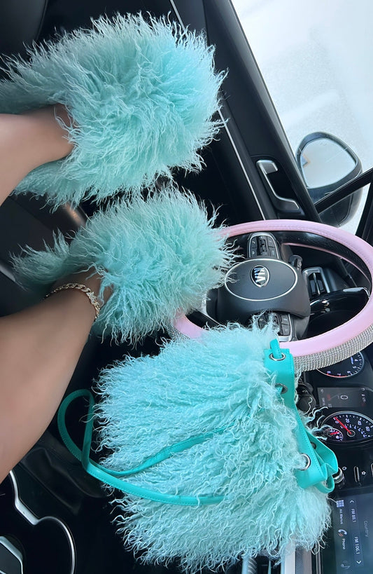 fur slippers and purse set