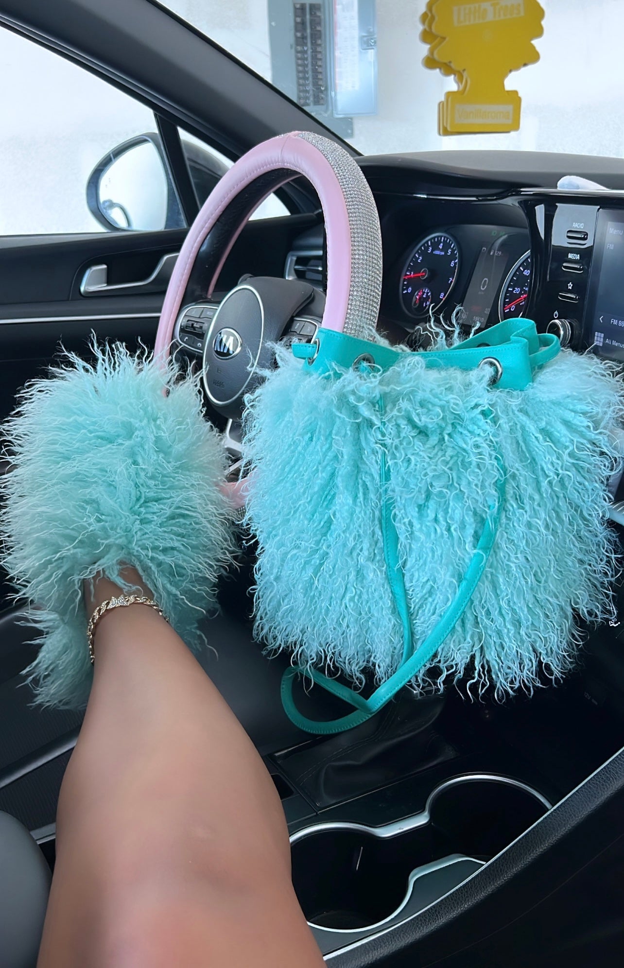 fur slippers and purse set
